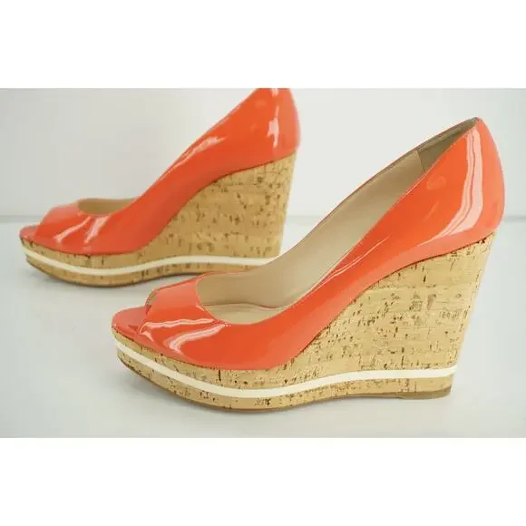 Prada Pink Patent Platform Wedge Heel Espadrille Peep Pumps - Picture 9 of 12